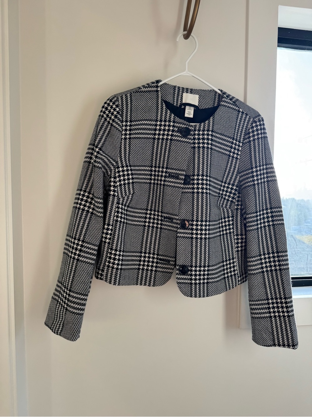 H&M Black and White Plaid Cropped Blazer